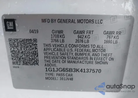 2019 Chevrolet Sonic Lt Auto from USA, damaged, VIN 1G1JG6SB3K4137570